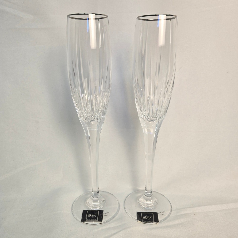 Set of 2 Mikasa Arctic Lights Platinum Lead Crystal Fluted Champagne Glasses